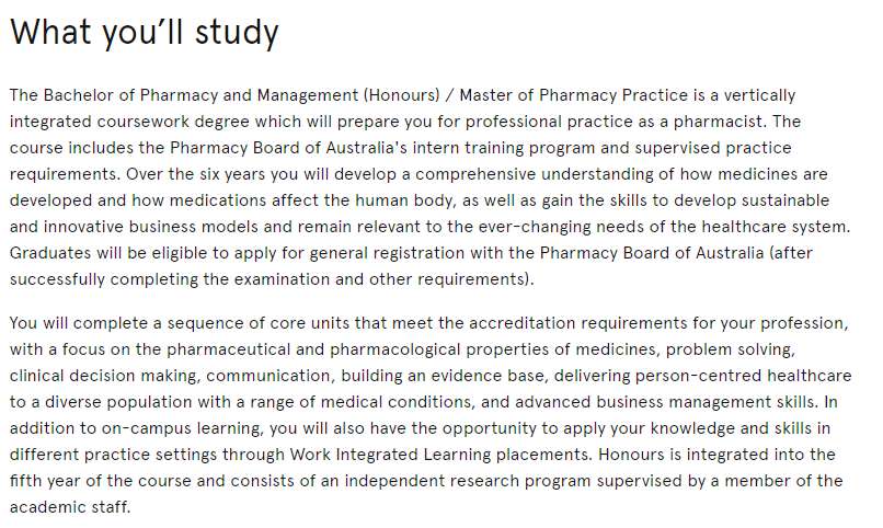 悉尼大学药学与管理（荣誉）/药学实践硕士学什么?