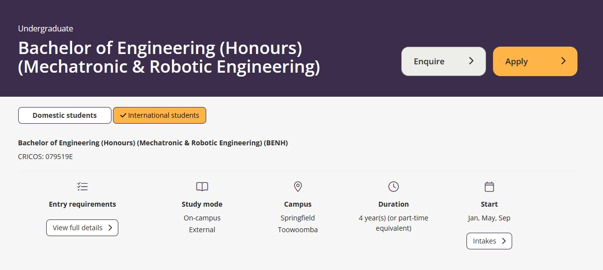 南昆士兰大学机电一体化与机器人工程(Honours)课程设置
