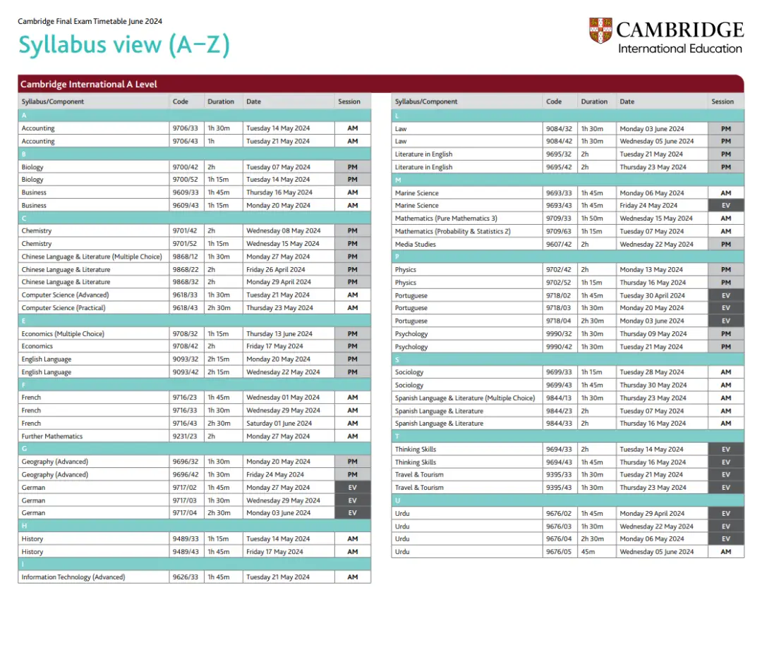 CIE考试局A-Level 5-6月考试时间表！
