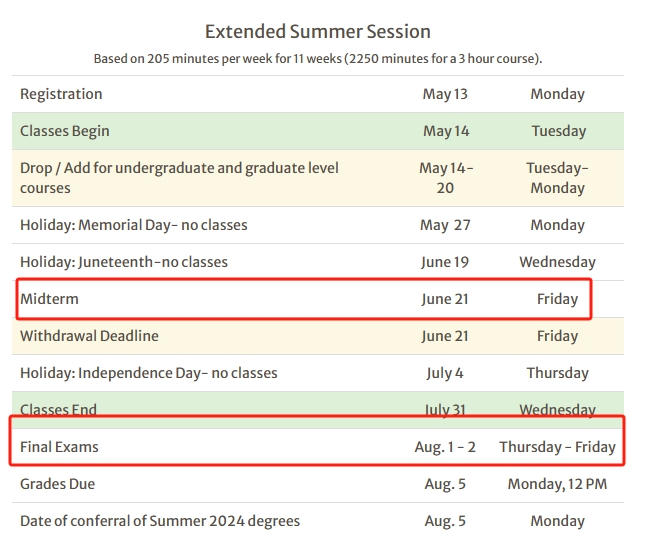 2024佐治亚大学夏季学期期中、期末考试schedule一览表