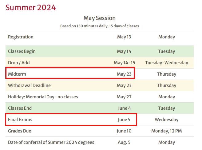 2024佐治亚大学夏季学期期中、期末考试schedule一览表