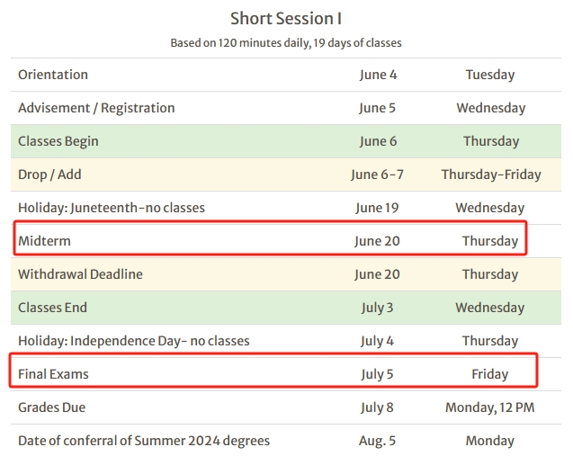 2024佐治亚大学夏季学期期中、期末考试schedule一览表