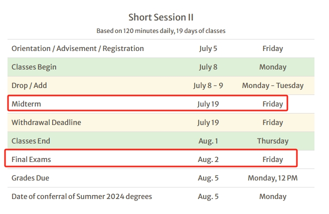 2024佐治亚大学夏季学期期中、期末考试schedule一览表