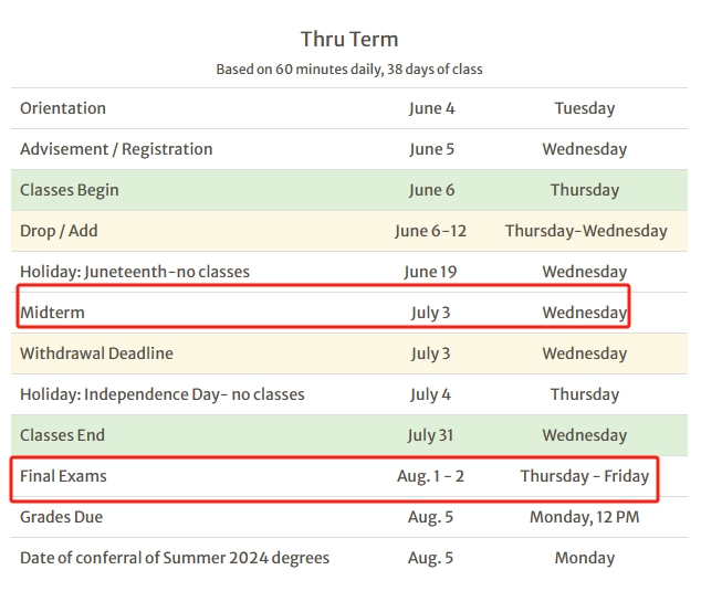 2024佐治亚大学夏季学期期中、期末考试schedule一览表