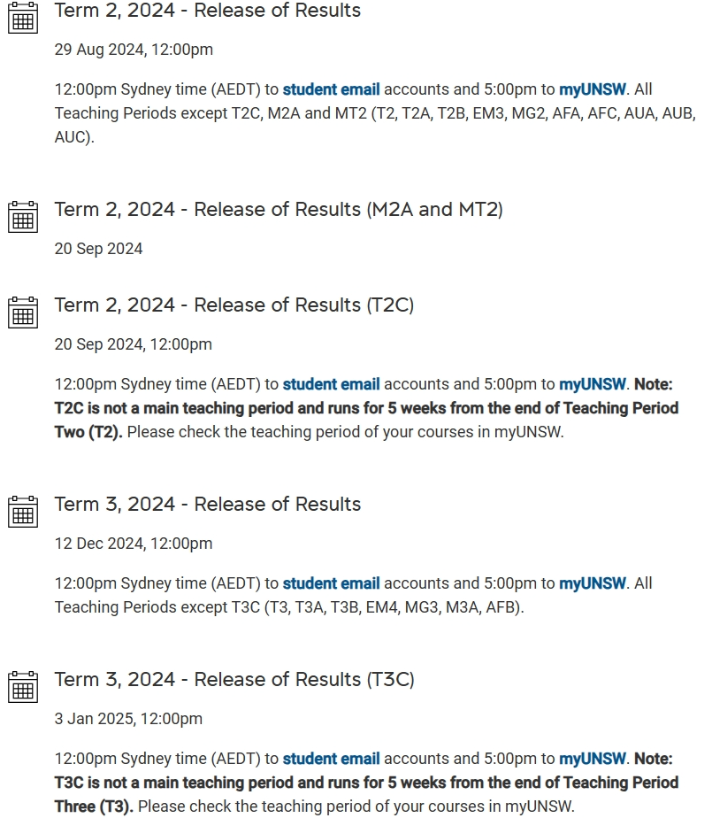 2024UNSW新南威尔士大学T2 final出分时间及补考时间安排