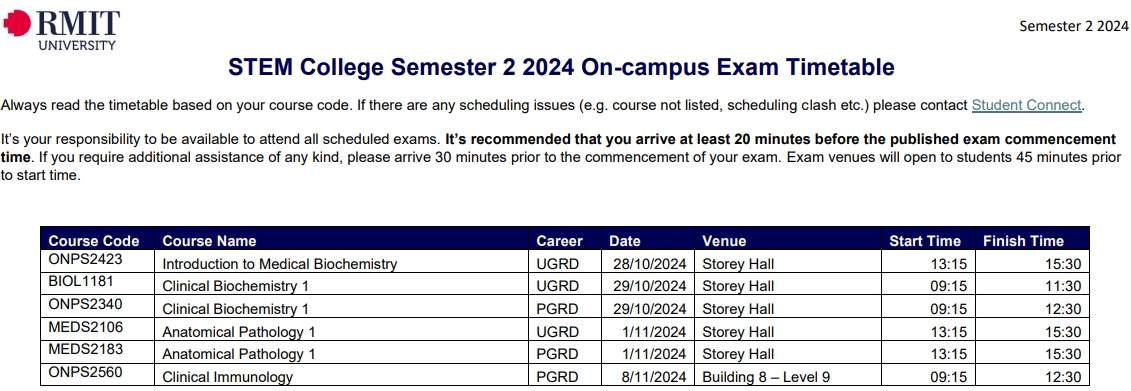 RMIT皇家墨尔本理工大学2024S2期末考试时间Timetable一览!