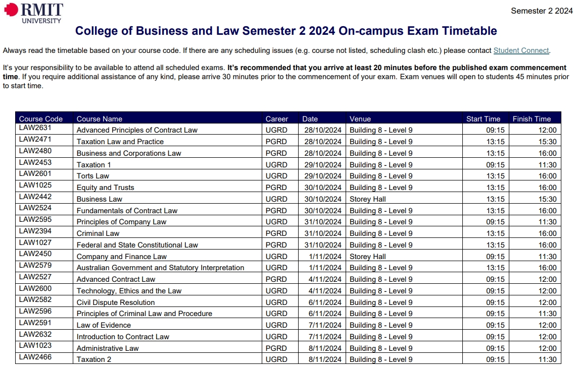 RMIT皇家墨尔本理工大学2024S2期末考试时间Timetable一览!