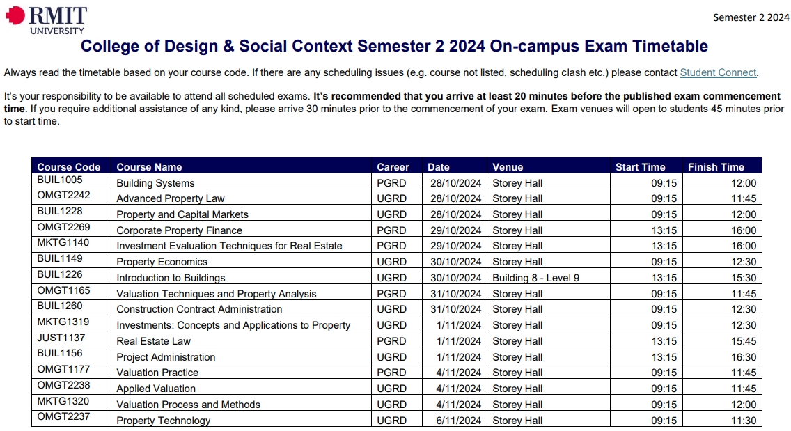 RMIT皇家墨尔本理工大学2024S2期末考试时间Timetable一览!