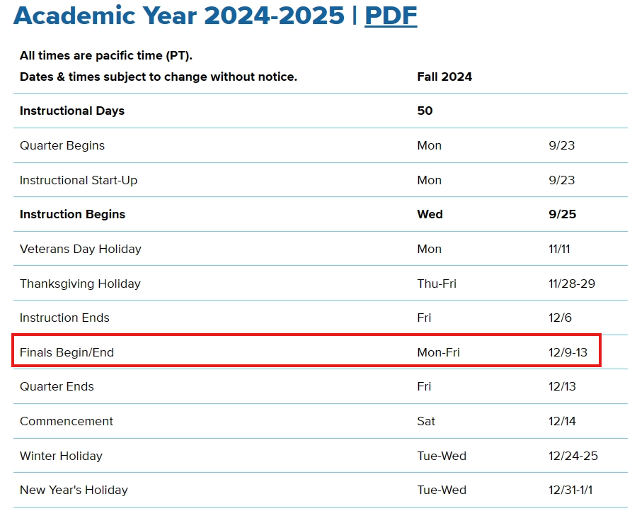 2024Fall加州大学戴维斯分校期末考试时间安排!附Final复习攻略!