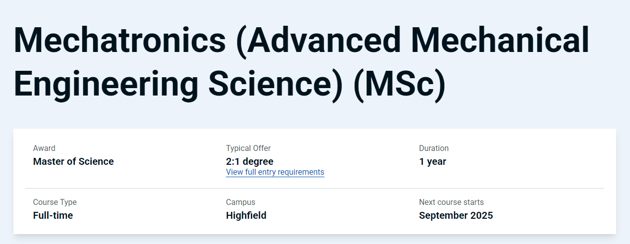南安普顿大学高级机械工程科学(机电一体化)硕士需要学哪些课程?