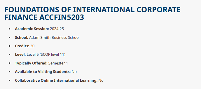 格拉斯哥大学ACCFIN5203国际公司财务基础课程学什么?课程考核方式有哪些?