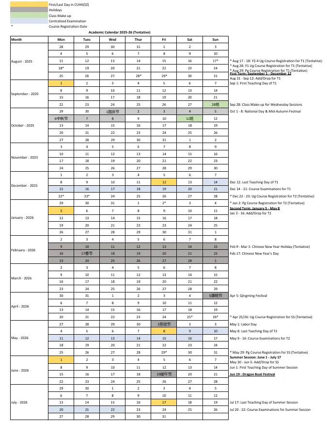港中大（深圳）2025-2026学年校历出炉！重要日期安排+选课指南！