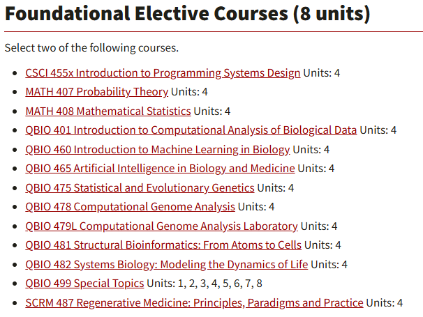 南加州大学定量与计算生物学硕士（MS）课程大纲设置