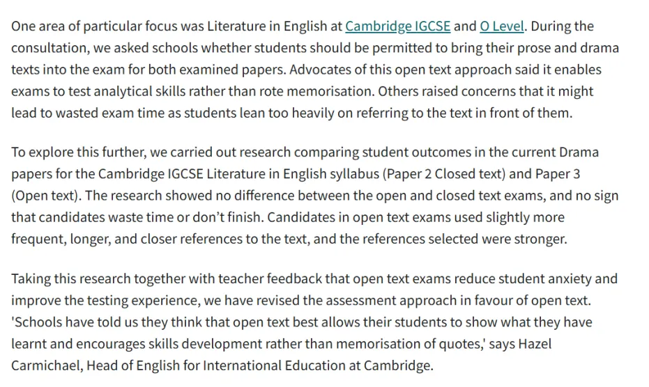 IGCSE英语文学教学大纲更新：考试模式改为开卷考！
