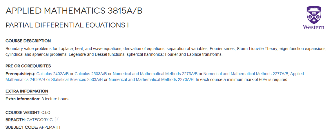 韦仕敦大学3815A/B偏微分方程I考试范围有哪些？
