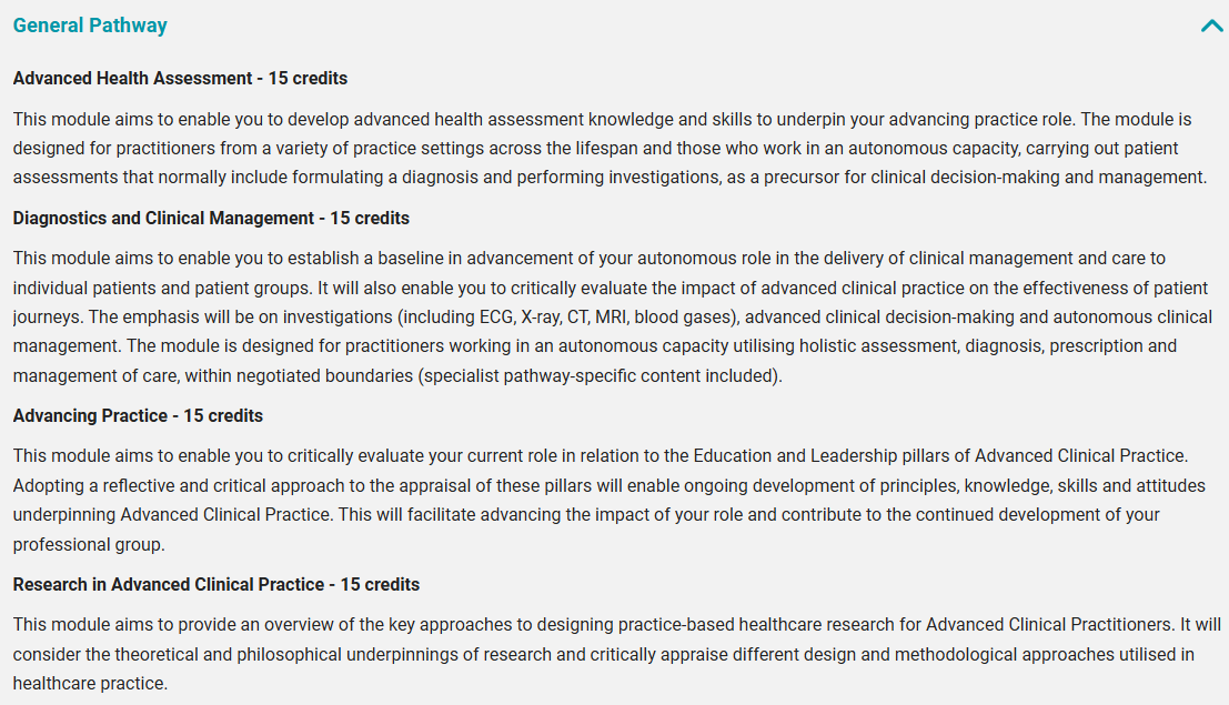 考文垂大学高级临床实践硕士第一、第二年课程主要学什么？