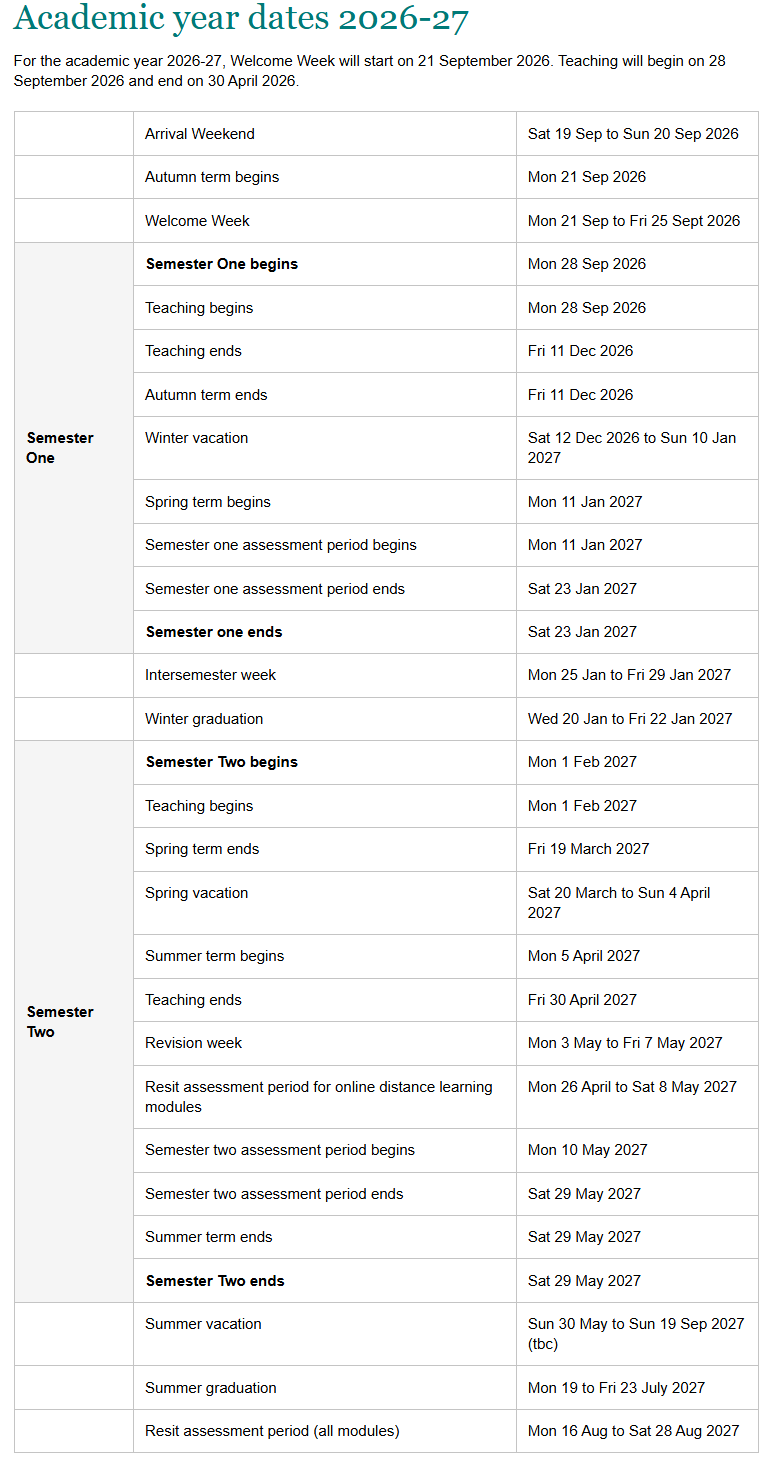 2026-27学年萨塞克斯大学校历安排出炉！