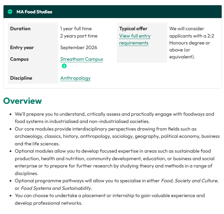 埃克塞特大学Food Studies硕士专业必修课程包括哪几门？