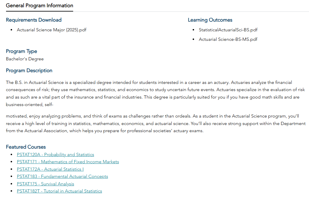 加州大学圣塔芭芭拉分校Actuarial Science本科课程主要学什么？