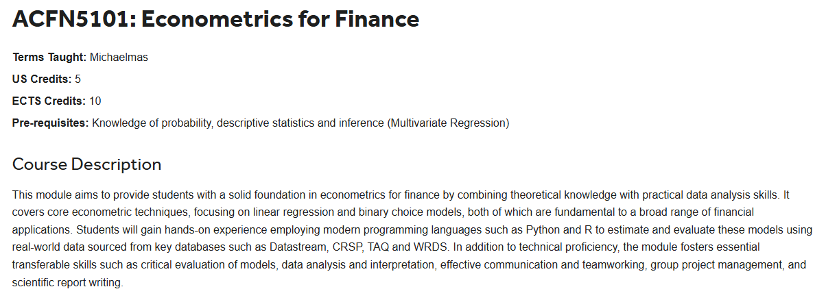 兰卡斯特大学ACFN5101金融计量经济学课程学什么？怎么考核？